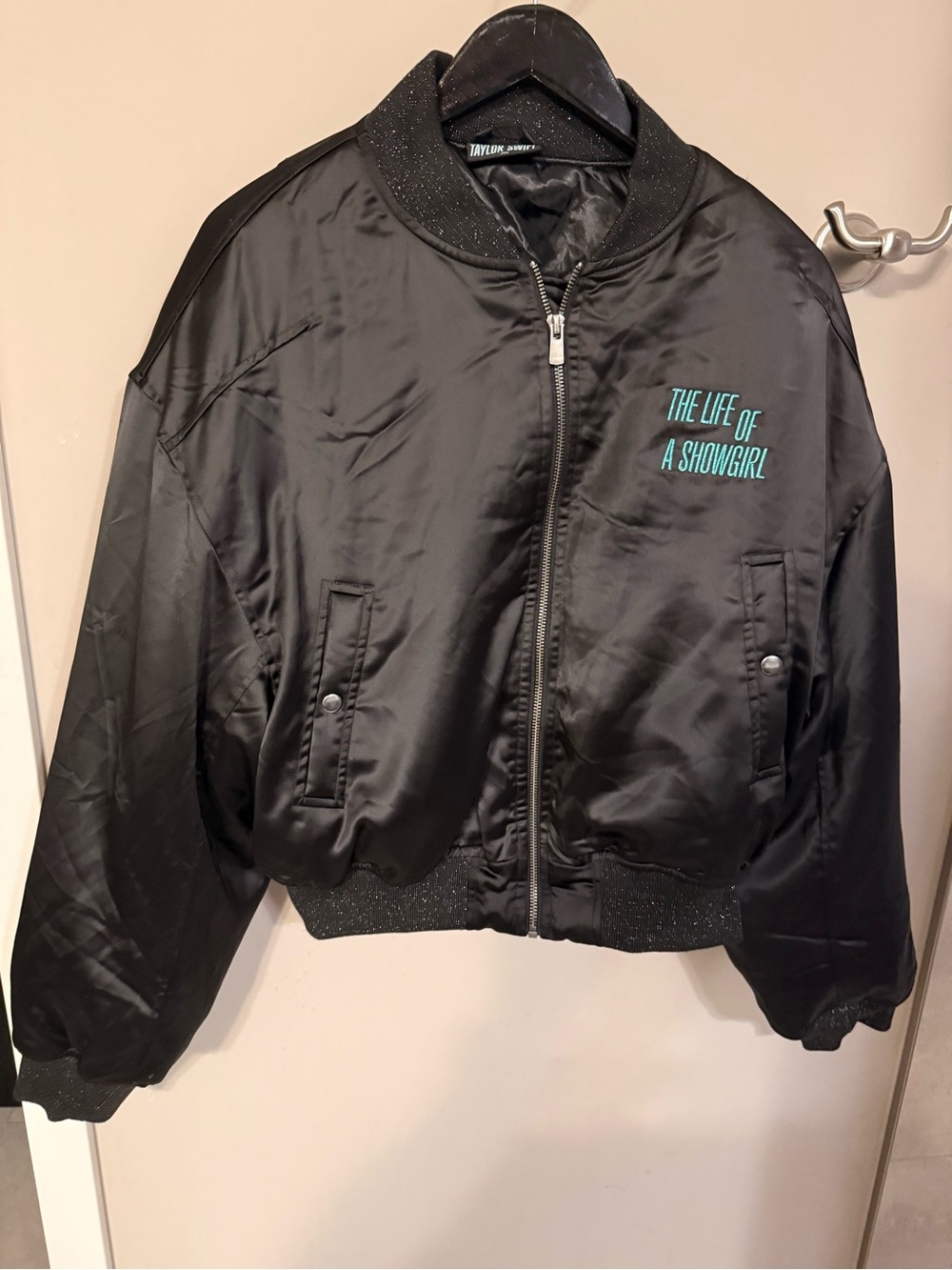 Taylor Swift Black Satin Puffer Jacket with Teal Text